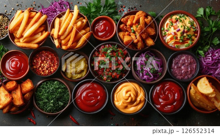Variety of sauces and fries on the table, perfect for finger food enthusiasts Variety of sauces and fries on the table, perfect for finger food enthusiasts 126552314