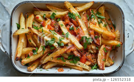 A staple food dish made with french fries and tomatoes in a white casserole dish A staple food dish made with french fries and tomatoes in a white casserole dish 126552318