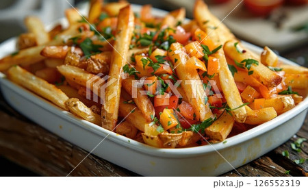 Fast food dish of french fries and vegetables in a white bowl on a wooden table Fast food dish of french fries and vegetables in a white bowl on a wooden table 126552319