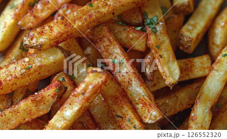 Closeup of crispy French fries topped with sauce, a classic fast food dish Closeup of crispy French fries topped with sauce, a classic fast food dish 126552320