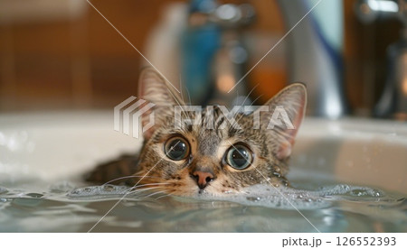 The cat enjoys water procedures: a cozy moment of cleanliness and care 126552393