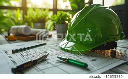 Blueprints and a construction helmet on the table: readiness for labor feats 126552394