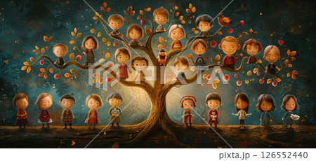 Cartoon characters on branches make up a family tree in a textile painting Cartoon characters on branches make up a family tree in a textile painting 126552440