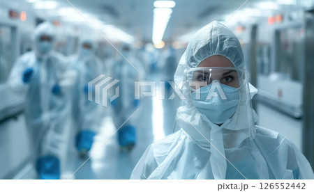A woman in electric blue PPE stands in a hospital hallway A woman in electric blue PPE stands in a hospital hallway 126552442