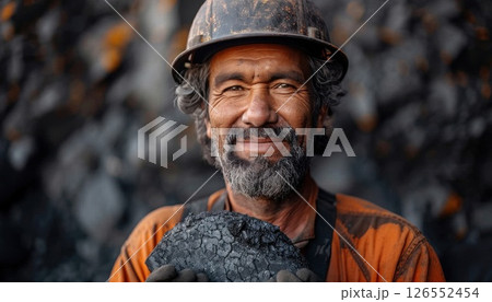 A happy man with a beard and hard hat smiles while holding a large piece of coal 126552454