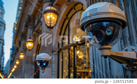 Security camera mounted on building facade with city lights in background 126552585