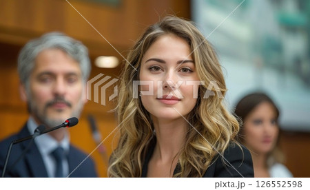 A happy woman with long blond hair sits in front of a microphone at an event 126552598