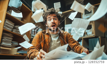 A stressed man struggles as he drowns in a massive pile of documents, overwhelmed by paperwork and deadlines. The concept of workplace stress, bureaucracy, and information overload. Generative AI. A stressed man struggles as he drowns in a massive pile of documents, overwhelmed by paperwork and deadlines. The concept of workplace stress, bureaucracy, and information overload. Generative AI. 126552759