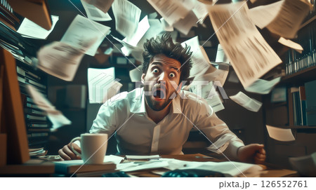 A stressed man struggles as he drowns in a massive pile of documents, overwhelmed by paperwork and deadlines. The concept of workplace stress, bureaucracy, and information overload. Generative AI. 126552761