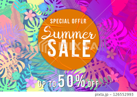 Summer Sale Template background colorful tropical plants, flowers and leaves Summer Sale Template background colorful tropical plants, flowers and leaves 126552993