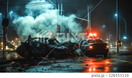 A damaged car on the road after a collision. The concept of traffic accidents, road safety, emergency response, and the consequences of reckless driving. Generative AI. 126553110