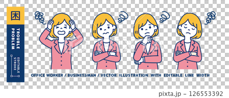 Worried, confused, troubled, female office worker vector illustration set_Line width can be edited 126553392