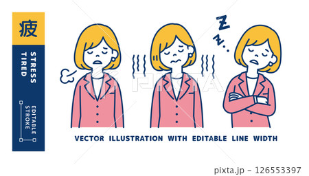 ネガティブなイメージの、女性会社員のベクターイラスト素材セット_線幅の編集可能 ネガティブなイメージの、女性会社員のベクターイラスト素材セット_線幅の編集可能 126553397