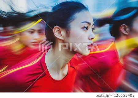 Asian women in red athletic outfits running with dynamic motion blur, showcasing energy and determination 126553408