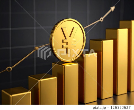 躍進する日本経済：金色の円硬貨と上昇する3D棒グラフ - 成長と繁栄を象徴するビジュアル 126553627