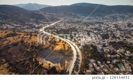 nature mountain view with a road side and old city. Travelling lifestyle roadtrip adventure old Europe 126554031
