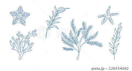 Marine elements doodle style set in blue la dolce vita. Italian style. Undersea world. Menu design of postcard and poster. Vector illustration. 126554092