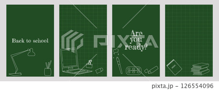 Back to School poster doodle design set. Social Media Template with school textbook book backpack paint. Background banner cover flyer design. Vector illustration. 126554096