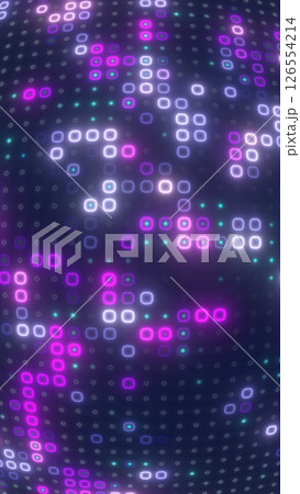 Digital purple matrix of glowing squares on a soft curved grid, creating a futuristic display 126554214