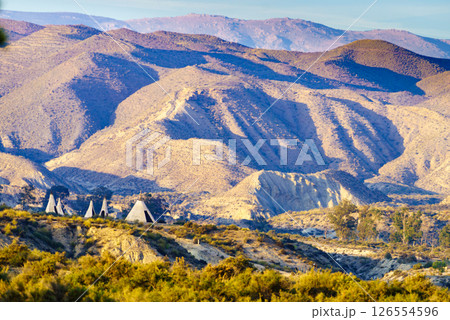 Tabernas desert and Indian village wigwams at Western Leone, Spain Tabernas desert and Indian village wigwams at Western Leone, Spain 126554596