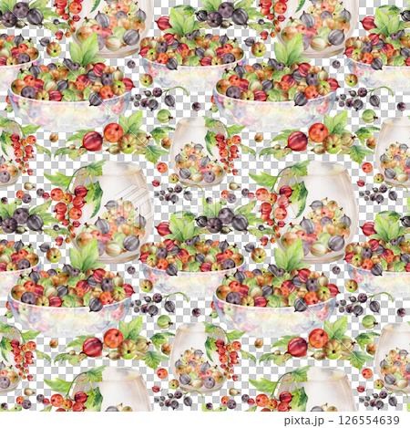 Currant gooseberry with leaves in glass bowls,, scattered ripe picked berry harvest juneberry casseille jostaberry. Isolated seamless pattern hand drawn in watercolor. Scrapbooking, washi tape, cover 126554639
