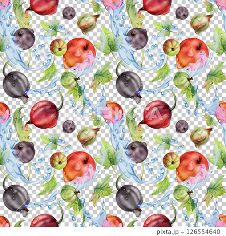 Currant gooseberry flying in water splash with green leaves and dew drops, ripe garden berry casseille juneberry jostaberry hand drawn in watercolor. Isolated seamless pattern. Fabric, wrapping paper 126554640