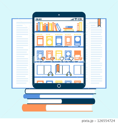 Cartoon Color Online Library with Audiobooks Concept Flat Design Style and Line Elements. Vector illustration of Reading Application Cartoon Color Online Library with Audiobooks Concept Flat Design Style and Line Elements. Vector illustration of Reading Application 126554724