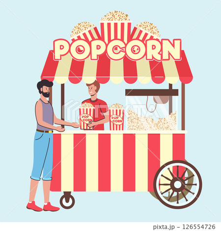 Cartoon Color Characters Boy and Seller Popcorn Street Food Cart with Wheels Concept Flat Design Style. Vector illustration 126554726