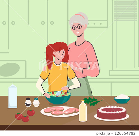 Cartoon Color Characters Grandma with Girl Cooking in Kitchen. Vector illustration of Leisure of Together Preparing Food Cartoon Color Characters Grandma with Girl Cooking in Kitchen. Vector illustration of Leisure of Together Preparing Food 126554782