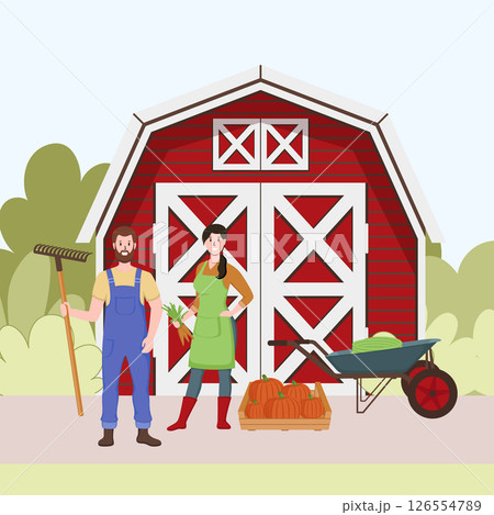 Cartoon Color Characters Farmers Couple in Front of Barn Building Concept Flat Design Style. Vector illustration Cartoon Color Characters Farmers Couple in Front of Barn Building Concept Flat Design Style. Vector illustration 126554789