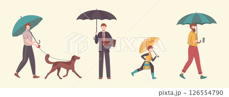 Cartoon Color Characters Men Holding Umbrella Set Rainy Weather Concept Flat Design Style with Lineart Elements. Vector illustration Cartoon Color Characters Men Holding Umbrella Set Rainy Weather Concept Flat Design Style with Lineart Elements. Vector illustration 126554790