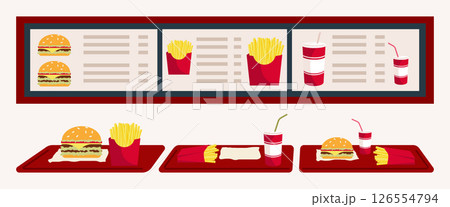 Cartoon Color Menu and Different Types Fast Food Set Concept Flat Design Style. Vector illustration of Burger and Soda on a Plastic Tray 126554794