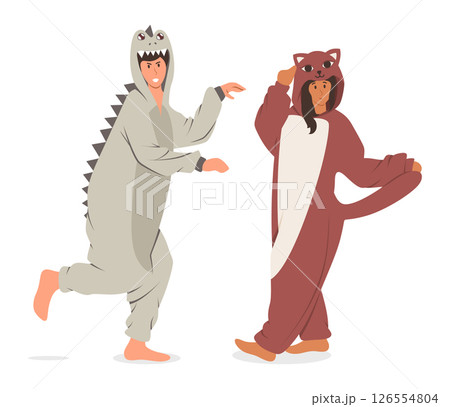 Cartoon Color Characters Couple in Pajamas Dinosaur and Cat Concept Flat Design Style. Vector illustration 126554804
