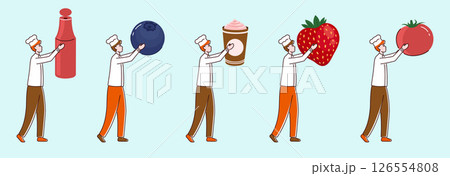 Cartoon Color Tiny Characters Boy Lifting Food Products Concept Flat Design Style. Vector illustration of Person and Ingredients 126554808