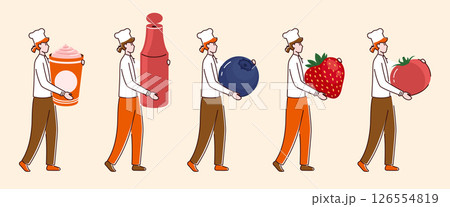 Cartoon Color Tiny Characters Girl Holding Food Products Concept Flat Design Style. Vector illustration of Person and Ingredients 126554819