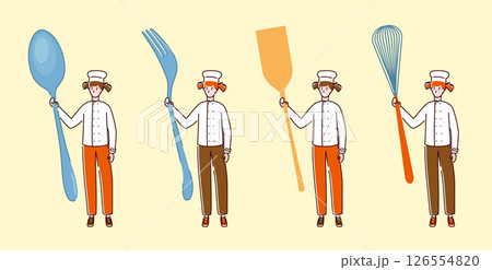 Cartoon Color Tiny Characters Girl Holding Kitchen Appliances Concept Flat Design Style. Vector illustration 126554820