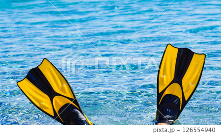 Feet in flippers fins on sea shore 126554940