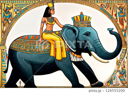Beautiful and warlike Egyptian queen riding a royal elephant 126555200