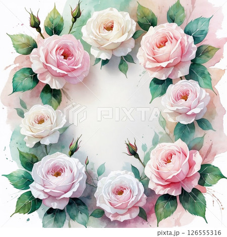 White and pink delicate watercolor roses round frame for greeting card 126555316