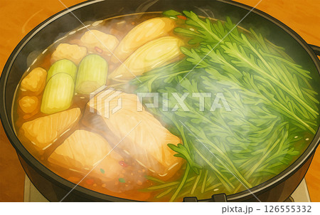 ブリと水菜、ネギがたくさん入ったあたたかくておいしそうな鍋料理 126555332