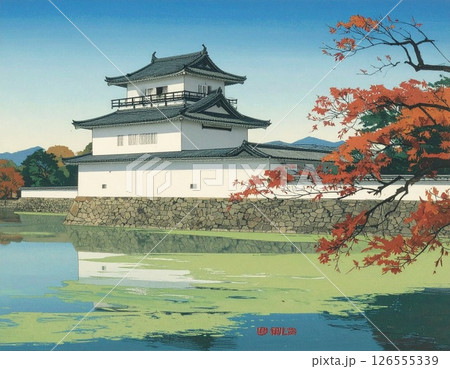 浮世絵風秋の櫓と紅葉 126555339