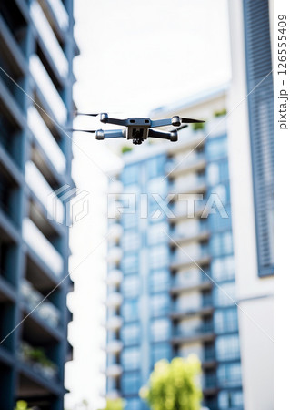 Drone Flying Between Modern Buildings in an Urban Environment During a Clear Day Drone Flying Between Modern Buildings in an Urban Environment During a Clear Day 126555409