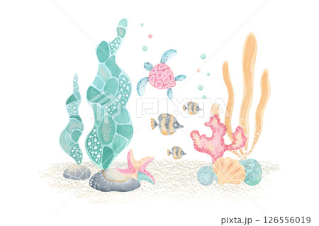 Ocean life watercolor illustration. Cartoon style. Hand-drawn sandy seabed with seaweed, seashells, fish and turtle. Perfect for marine greeting cards, stationary covers design, kids decor Ocean life watercolor illustration. Cartoon style. Hand-drawn sandy seabed with seaweed, seashells, fish and turtle. Perfect for marine greeting cards, stationary covers design, kids decor 126556019