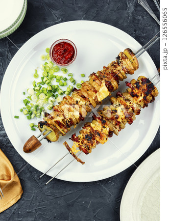 Grilled vegetable bacon kebabs. Grilled vegetable bacon kebabs. 126556065