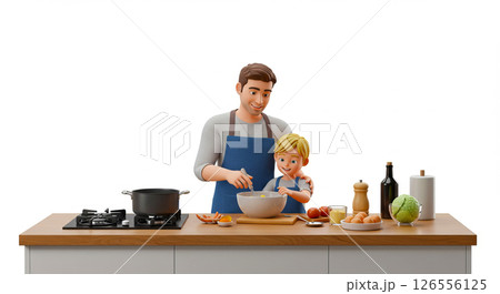 笑顔で親子がクッキング 126556125