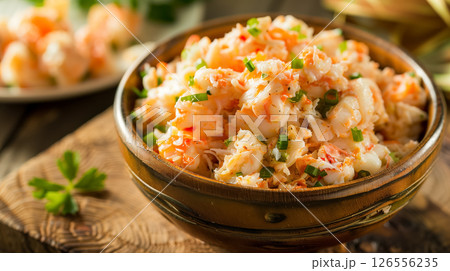 Bowl of fresh shrimp salad. 126556235