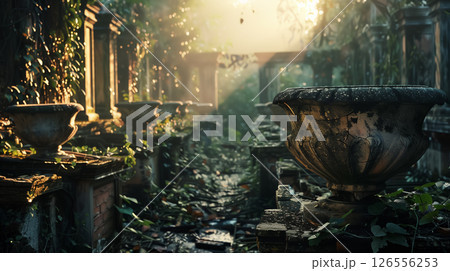 Overgrown urns in a mystical garden. 126556253
