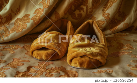 Velvet slippers on a luxury bedspread. 126556254