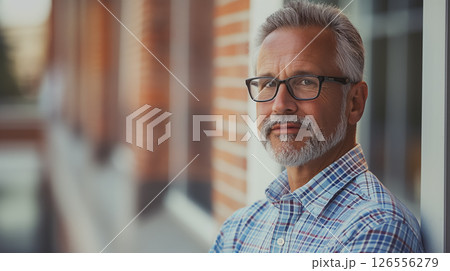Smiling man in glasses by brick wall. 126556279