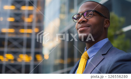 Businessman smiling, urban skyline backdrop. Businessman smiling, urban skyline backdrop. 126556280